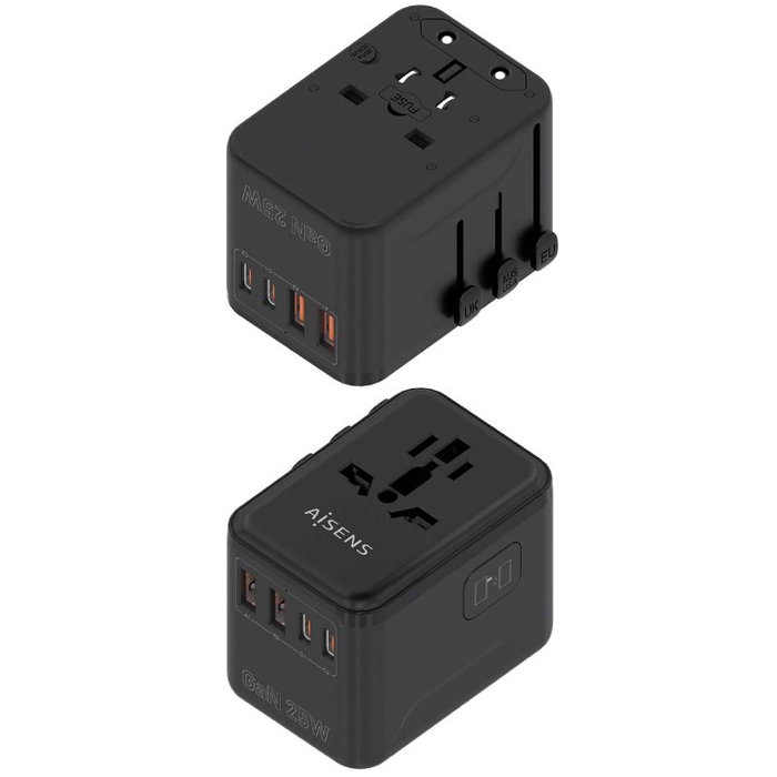 Aisens Adaptador de Viaje Universal GaN con 2xUSB-C y 2xUSB-A Negro